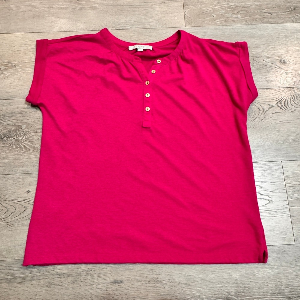 LOFT Loose Button Henley Top‎ Hot Pink Short Sleeve Casual Blouse Size Medium M